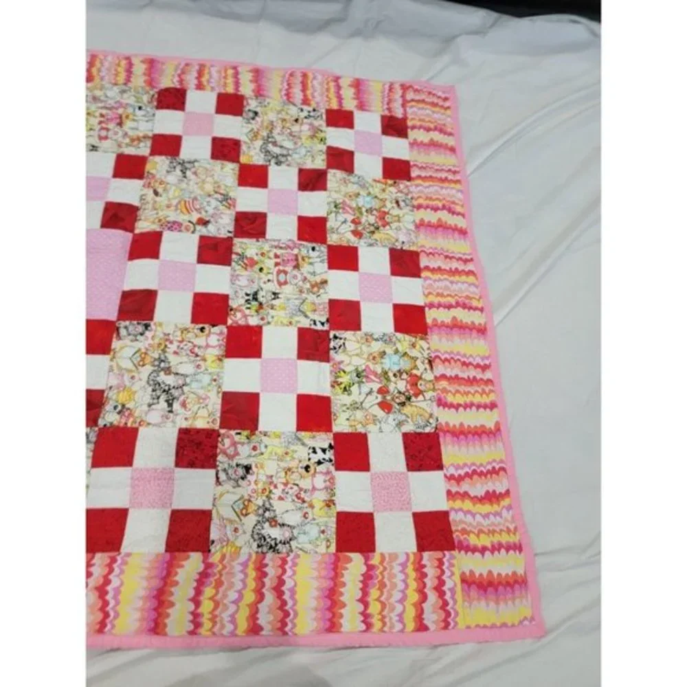 Vintage 90s Julies Journey Bunny Rabbit Quilted Blanket Handmade‎ Reversible